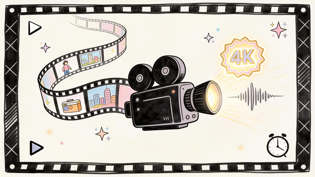 4K と音声のアイコンが付いた長く連続したフィルムストリップを生成するカメラを描いた手描きのブログ表紙。