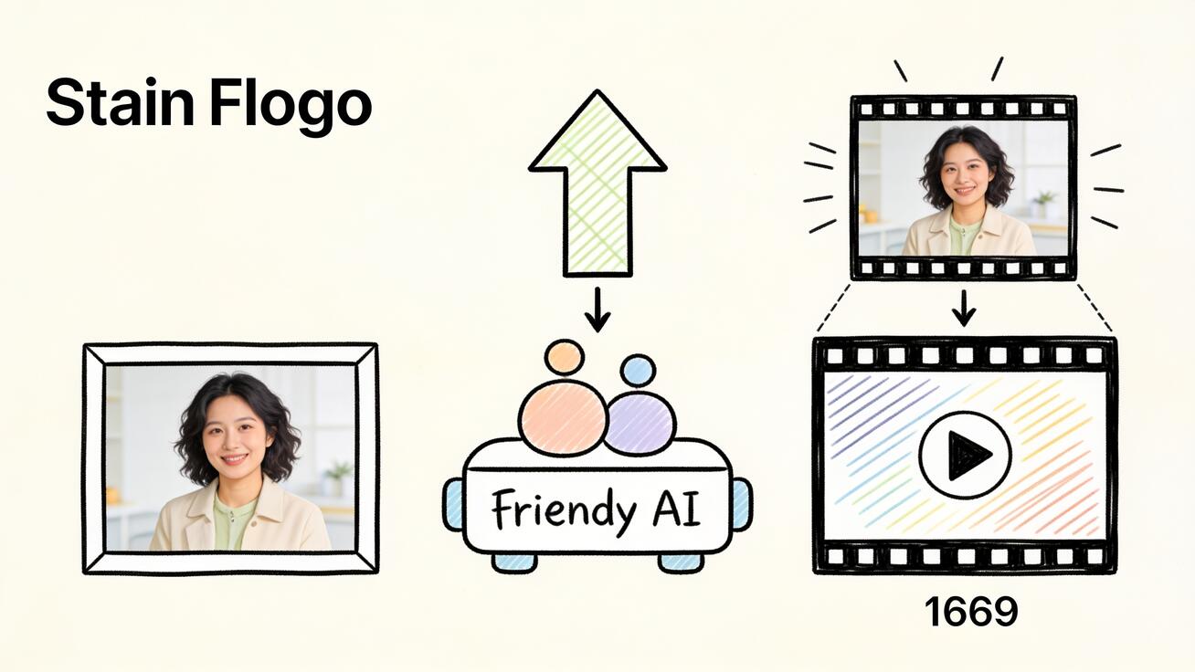ドゥードル風ワークフロー：静止写真が AI エンジンにアップロードされ、それから同じシーンが動く動画クリップに変わる。