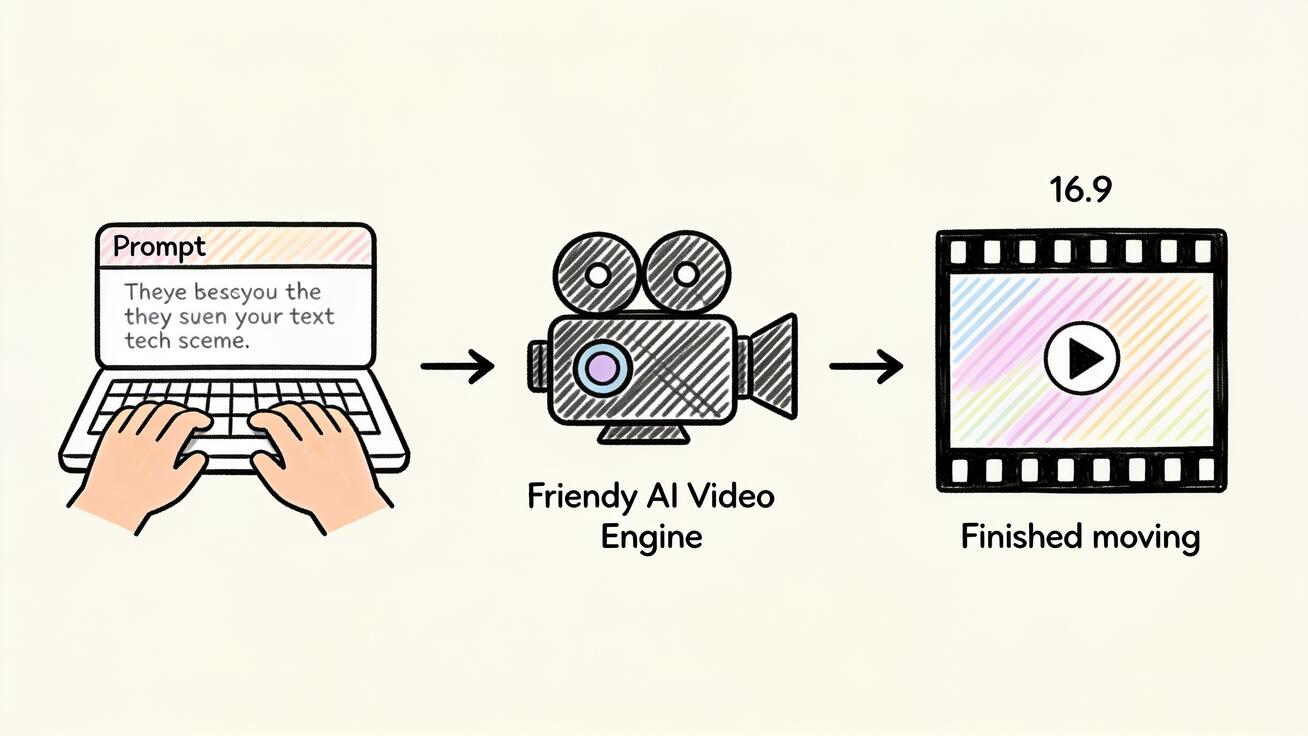 ドゥードル風ワークフロー図：プロンプトの入力、AI エンジン、そして再生ボタン付きの完成した動画クリップ。