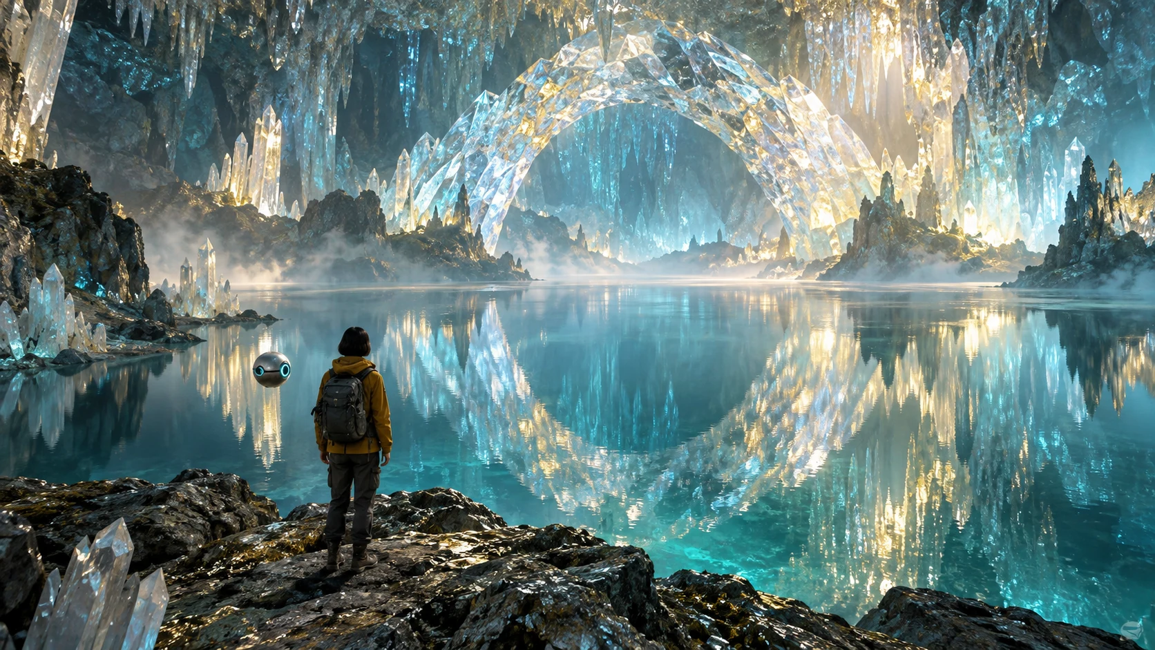 The researcher and drone running across a rock bridge inside the same cavern