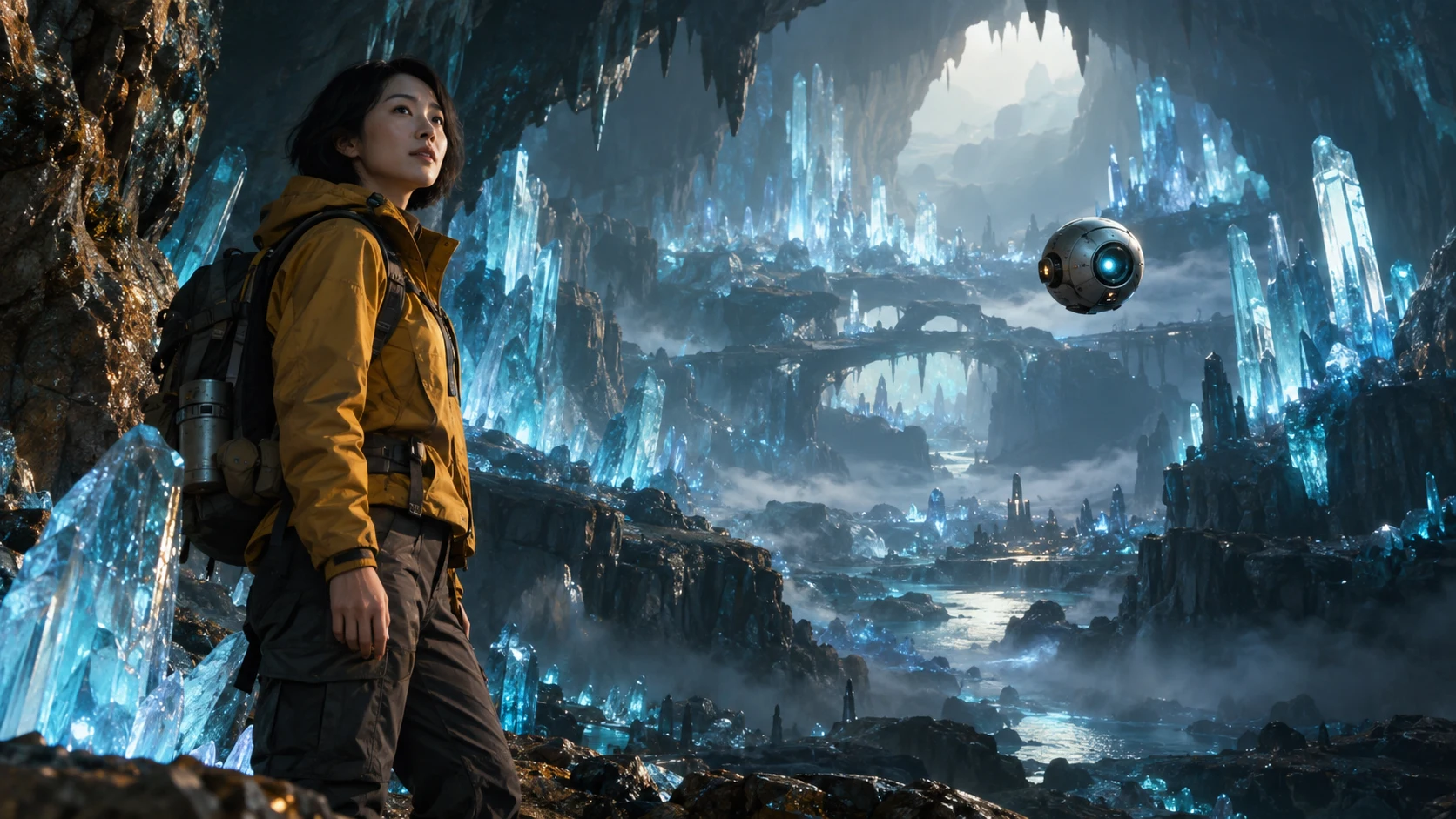A field researcher and spherical drone entering a luminous crystal cavern