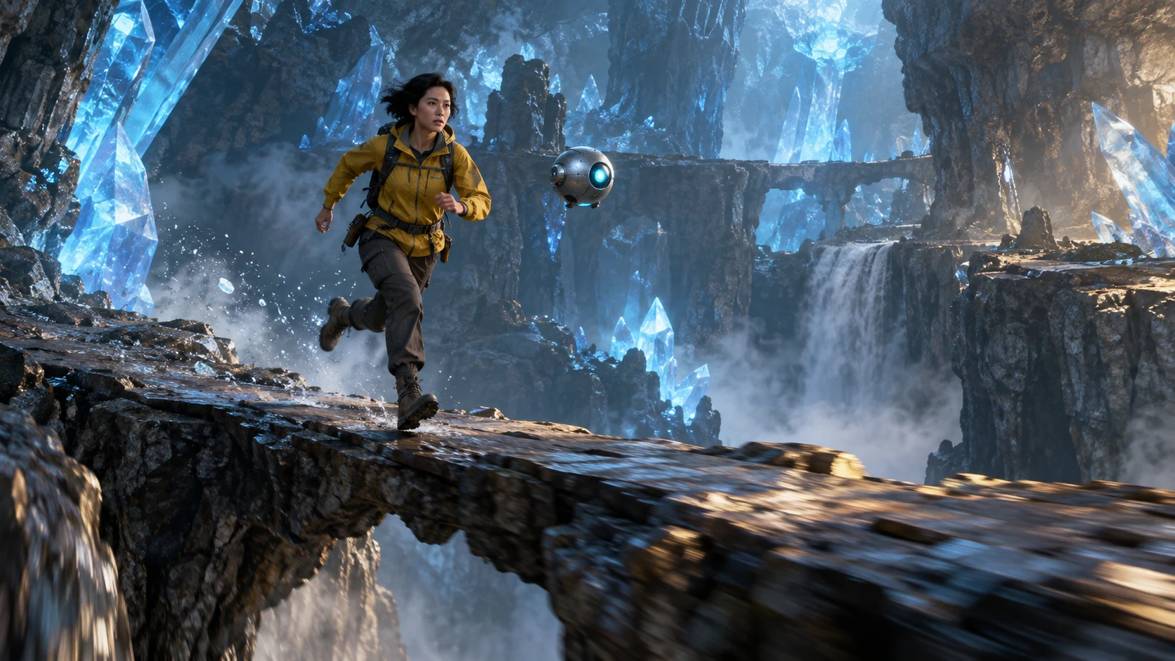 The researcher and drone reaching a reflective underground crystal lake