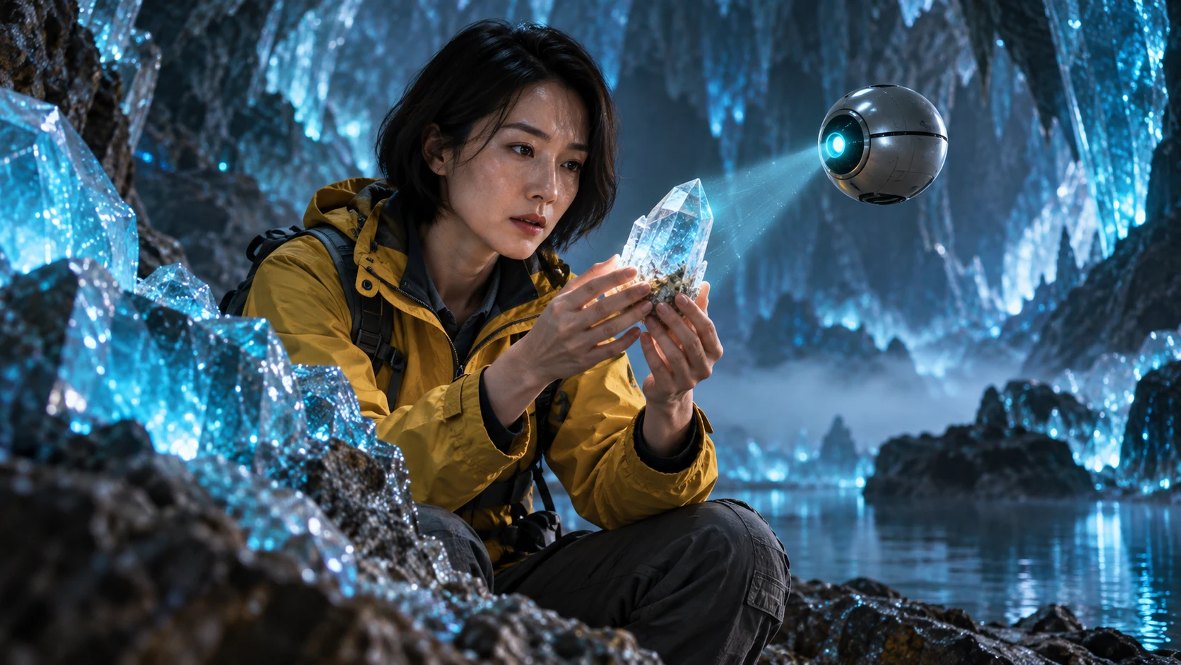 The same researcher examining a crystal while the drone scans it