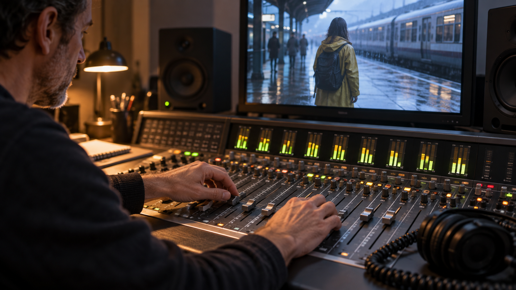 A sound editor balancing dialogue and music against the station sequence on a physical mixing console