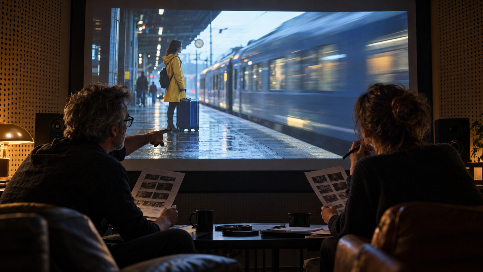 Two editors screening the final station cut and checking printed shot notes