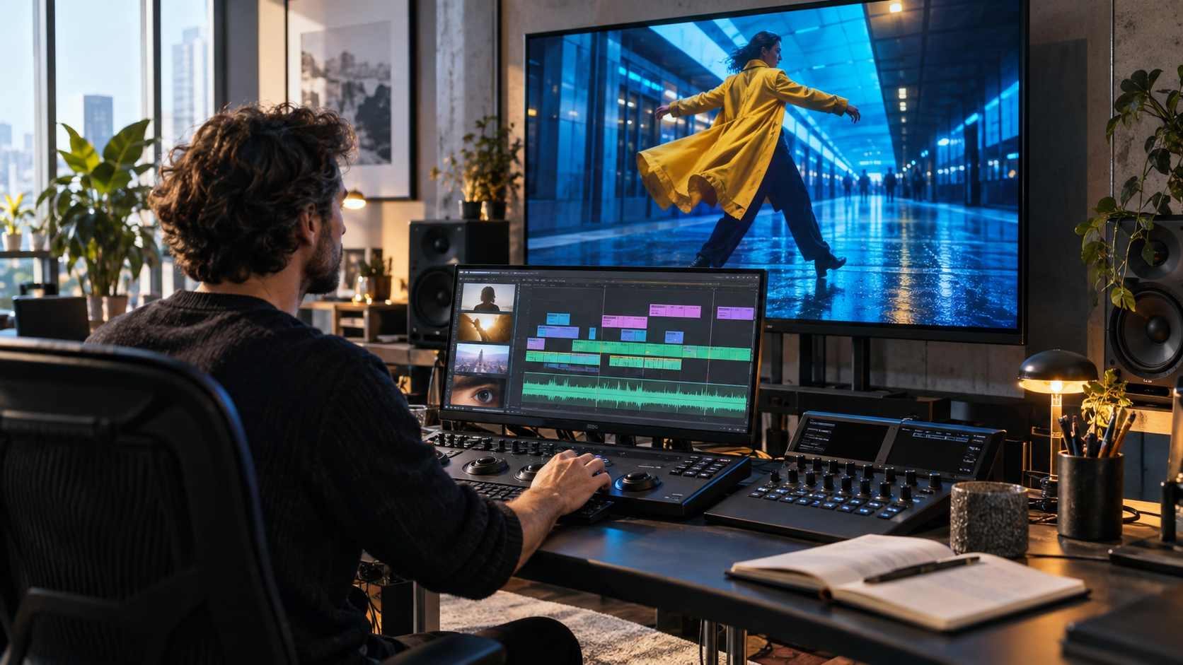 A professional editor reviewing a vivid station sequence in a bright post-production studio
