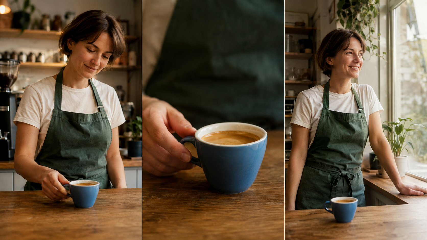 Tres fotogramas recién generados de una cafetería, con la misma barista, taza azul y luz diurna