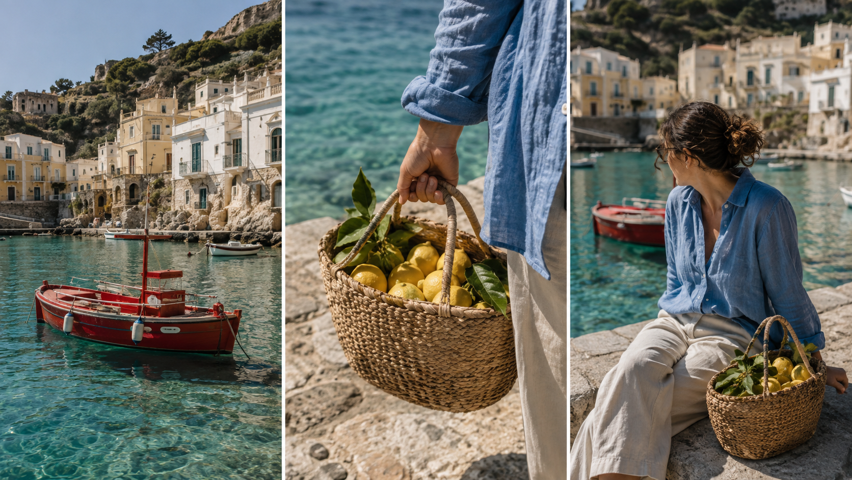 Tres fotogramas generados recientemente para una secuencia de viaje que muestran un puerto, una cesta de limones y un viajero en un entorno coherente