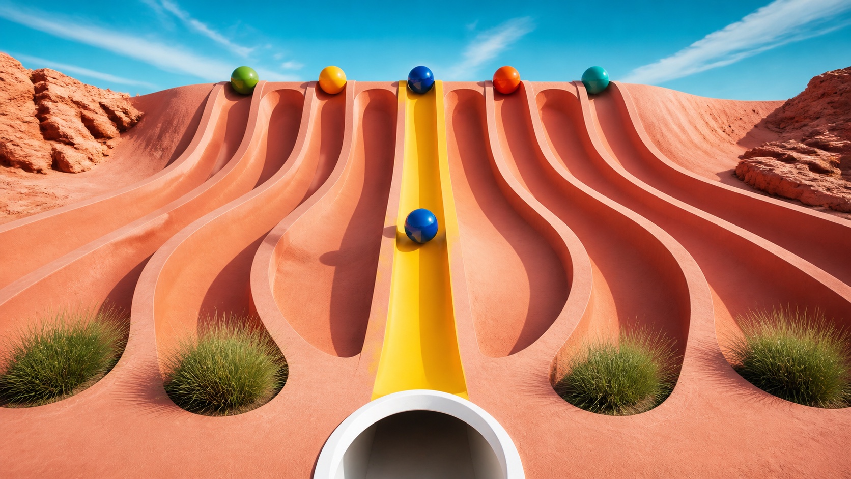 A colorful land-art course used as a consistent motion and physics benchmark