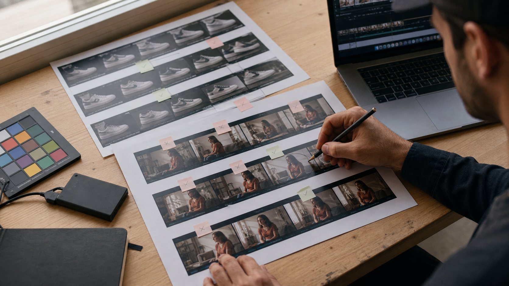 A creator reviewing printed shot sequences beside the editing timeline