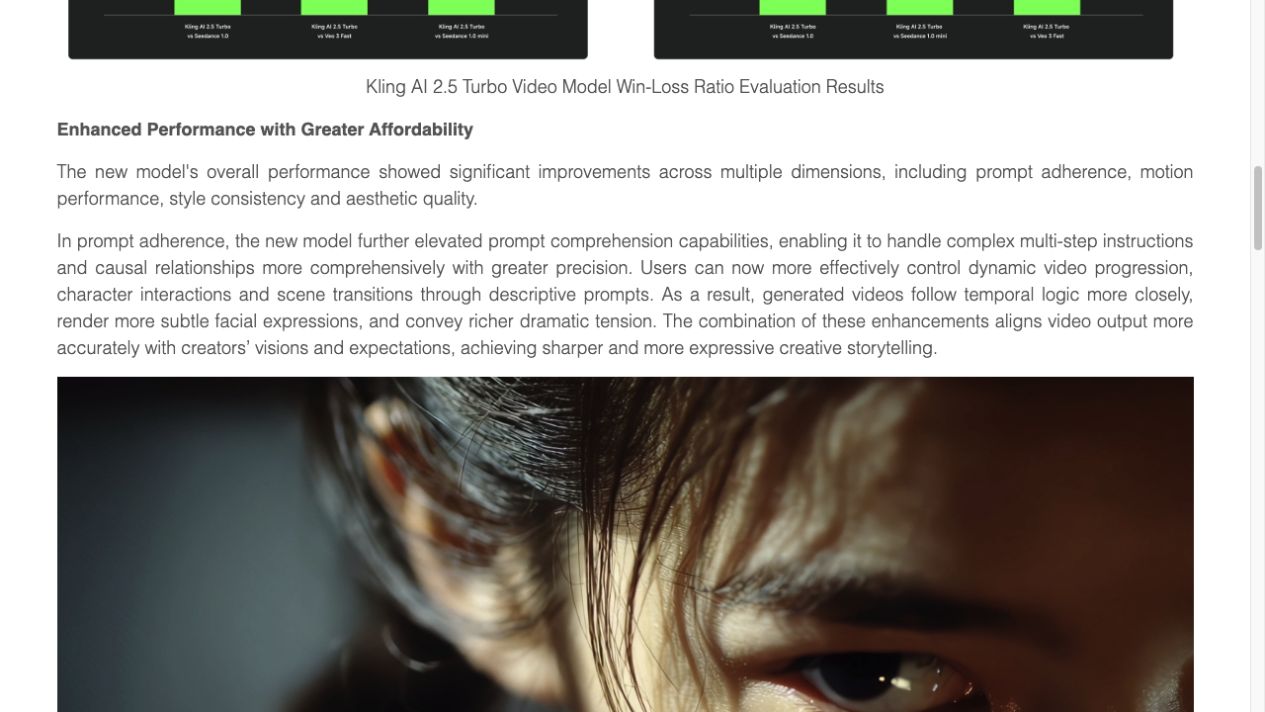Kling 2.5 Turbo official release page describing prompt adherence, motion, and style consistency