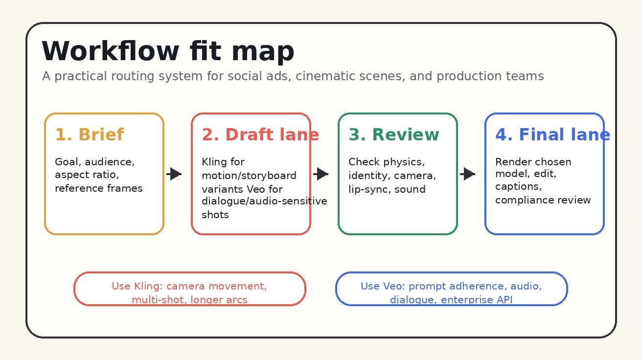 Workflow fit map for Kling 3.0 and Veo 3.1