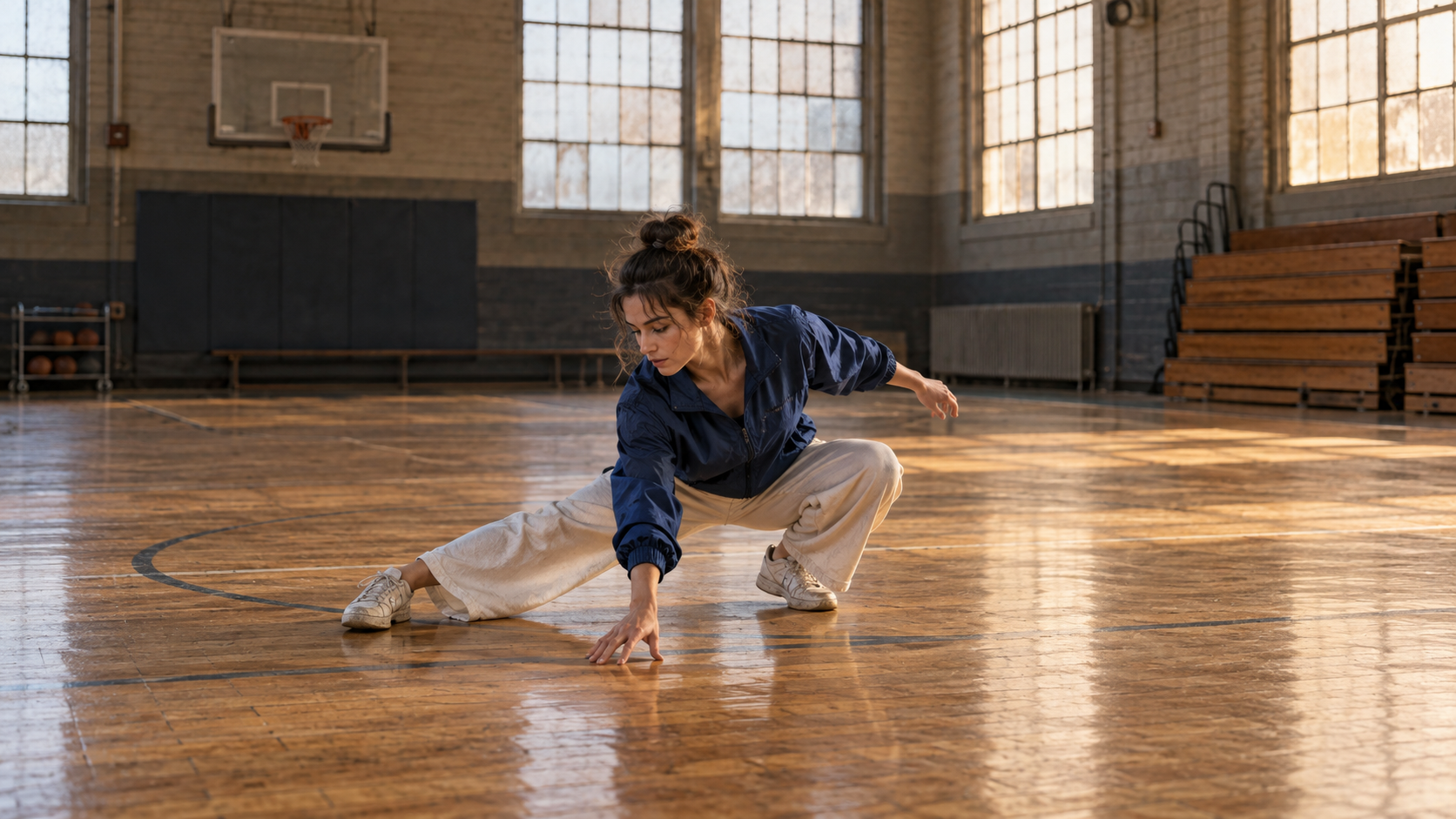 La danseuse maintenant une position d’atterrissage équilibrée dans la même salle de gym, après le saut