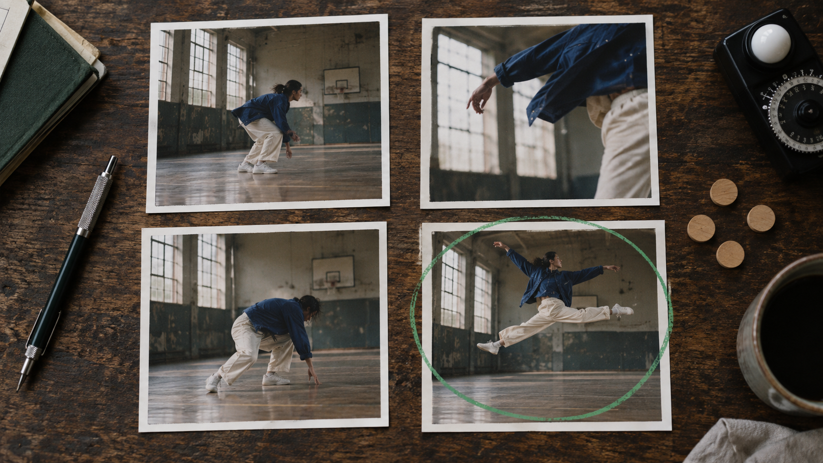 Quatre tirages physiques issus de prises répétées de la danse, avec le saut utilisable entouré en vert
