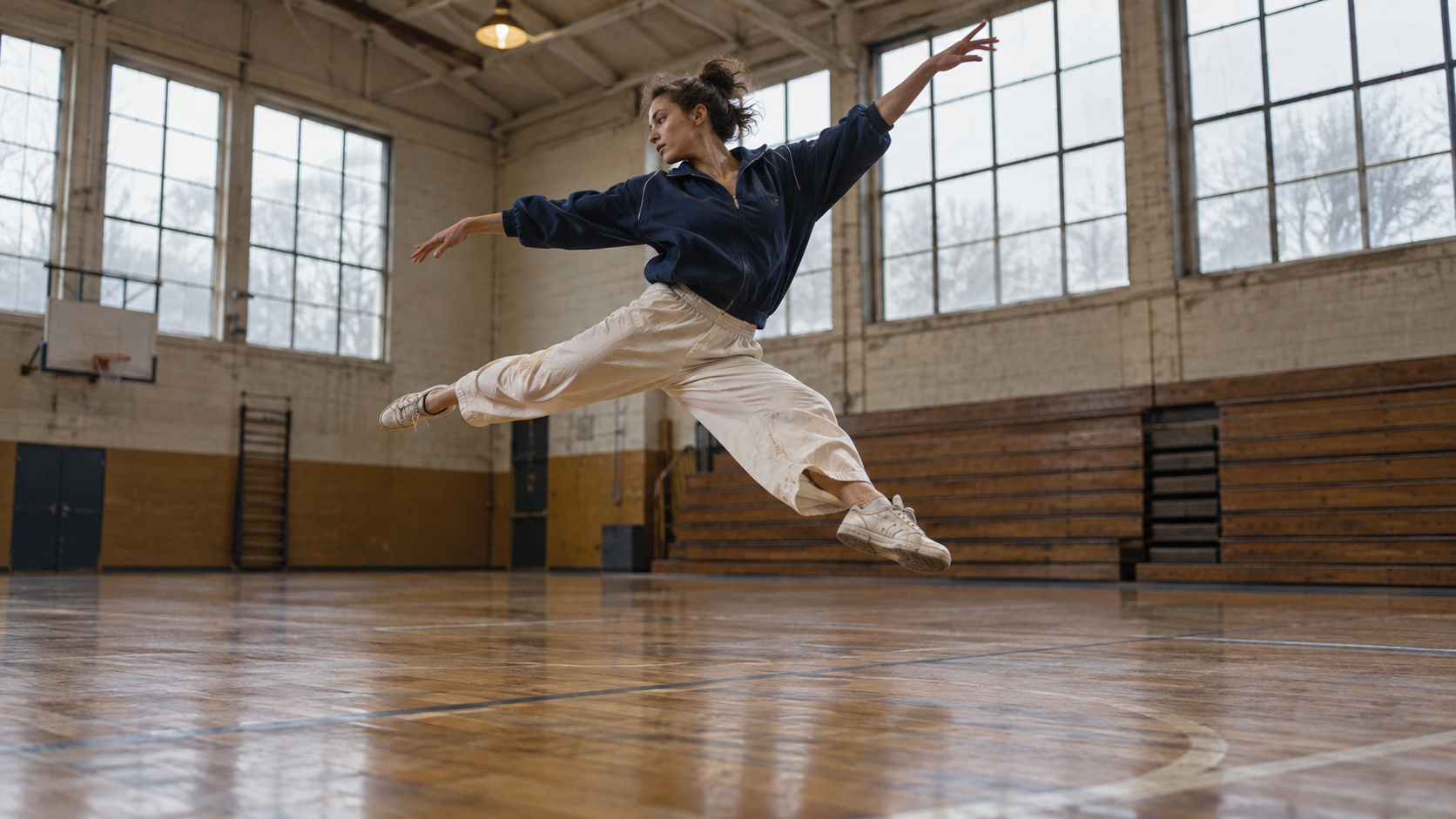 Une danseuse contemporaine au sommet d’un saut dans une salle de gym communautaire usée