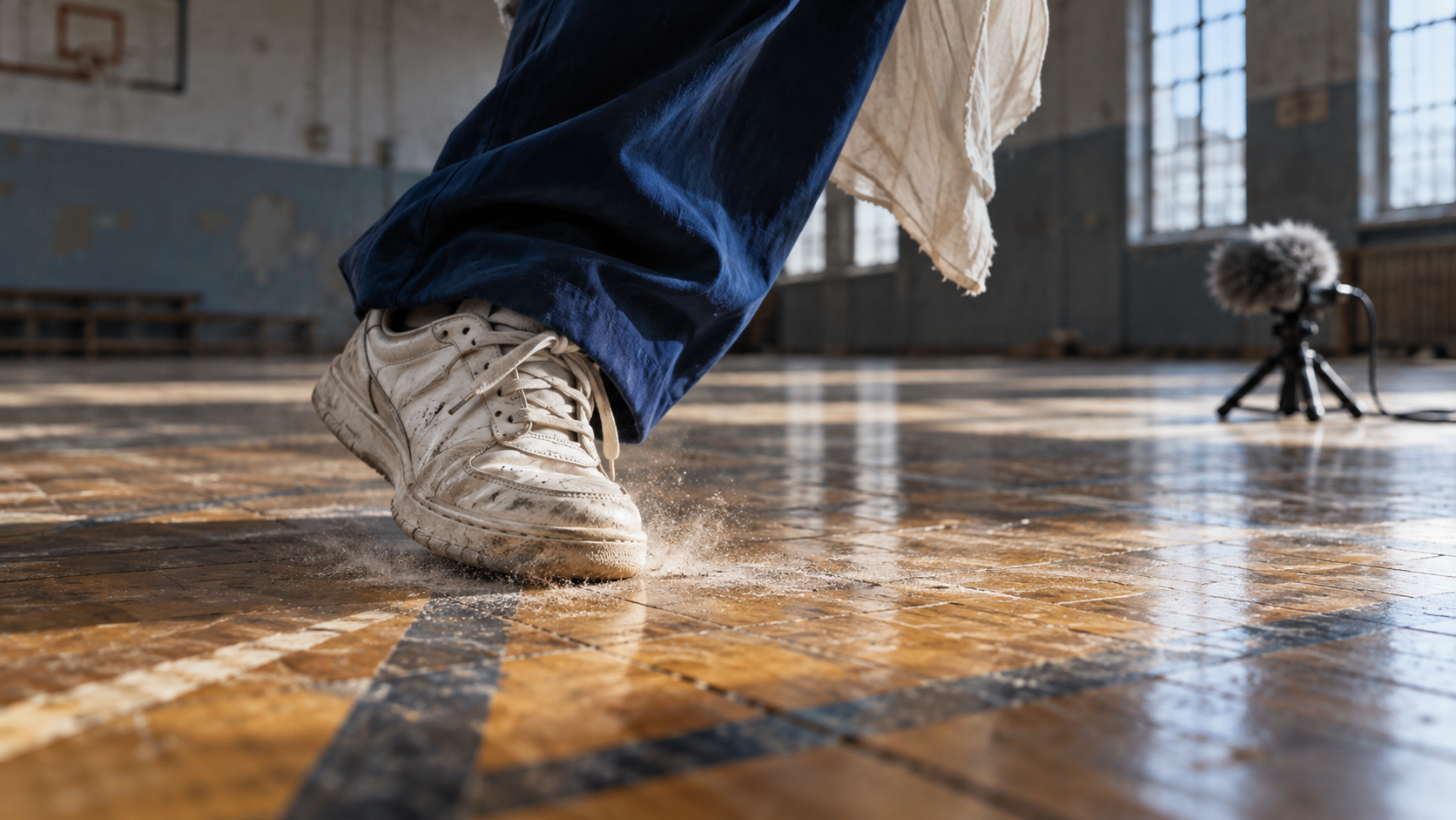 La semelle d’une chaussure de danseuse atterrissant sur un parquet de salle de gym, à côté d’un microphone de champ distant