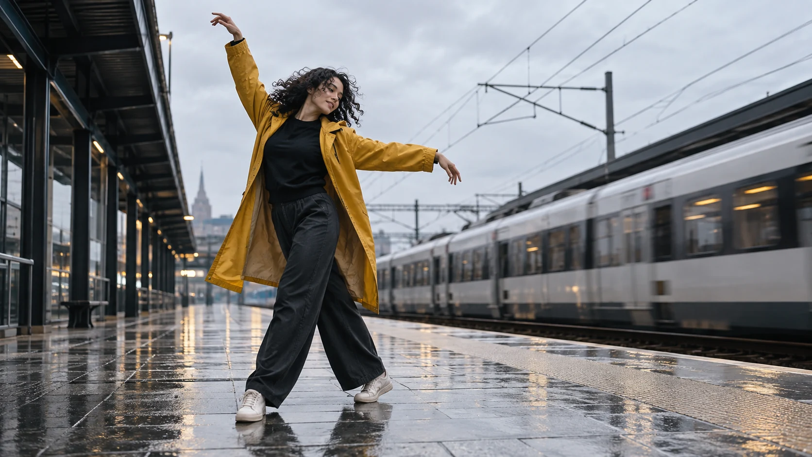 Illustrative final frame of a dancer finishing a turn as a train passes