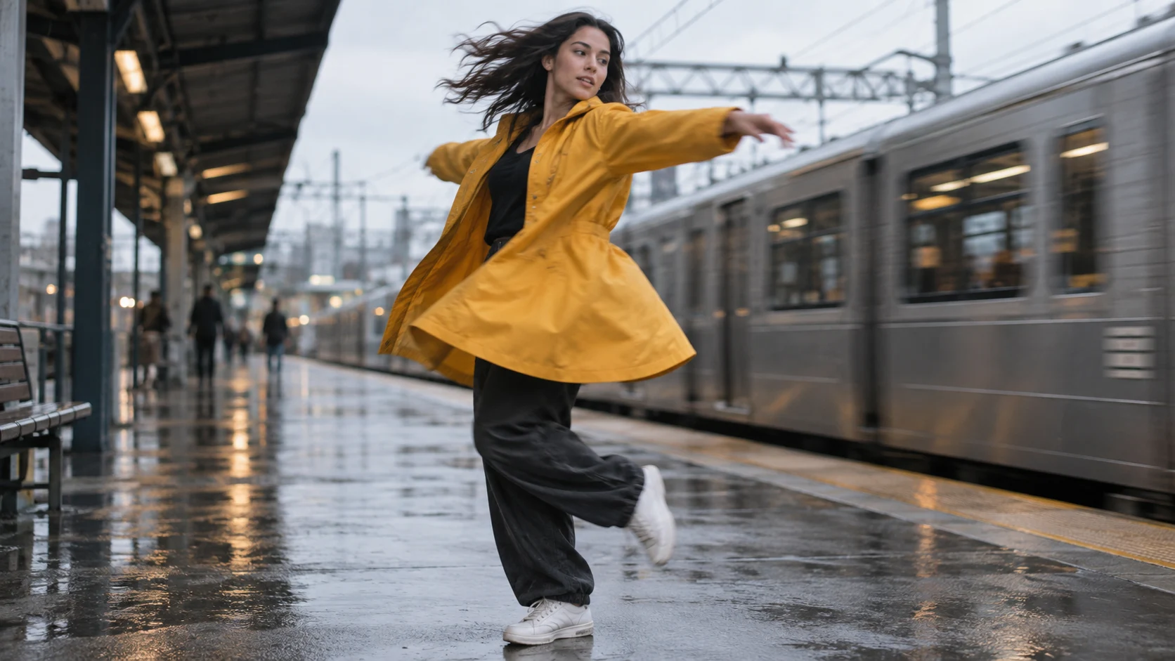 Illustrative action frame of the same dancer turning on the platform