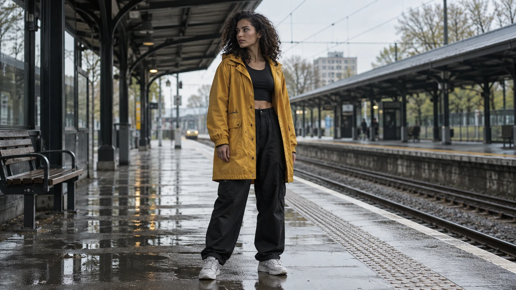 Illustrative reference still of a dancer on a wet station platform