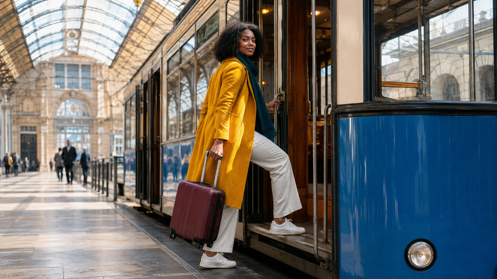 A woman in a mustard coat boarding a blue tram in a glass-roofed station, created as a character and environment consistency test