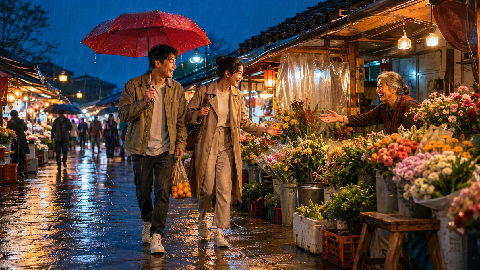 Two friends walking through a rainy flower market, created as a multi-subject and environmental consistency test