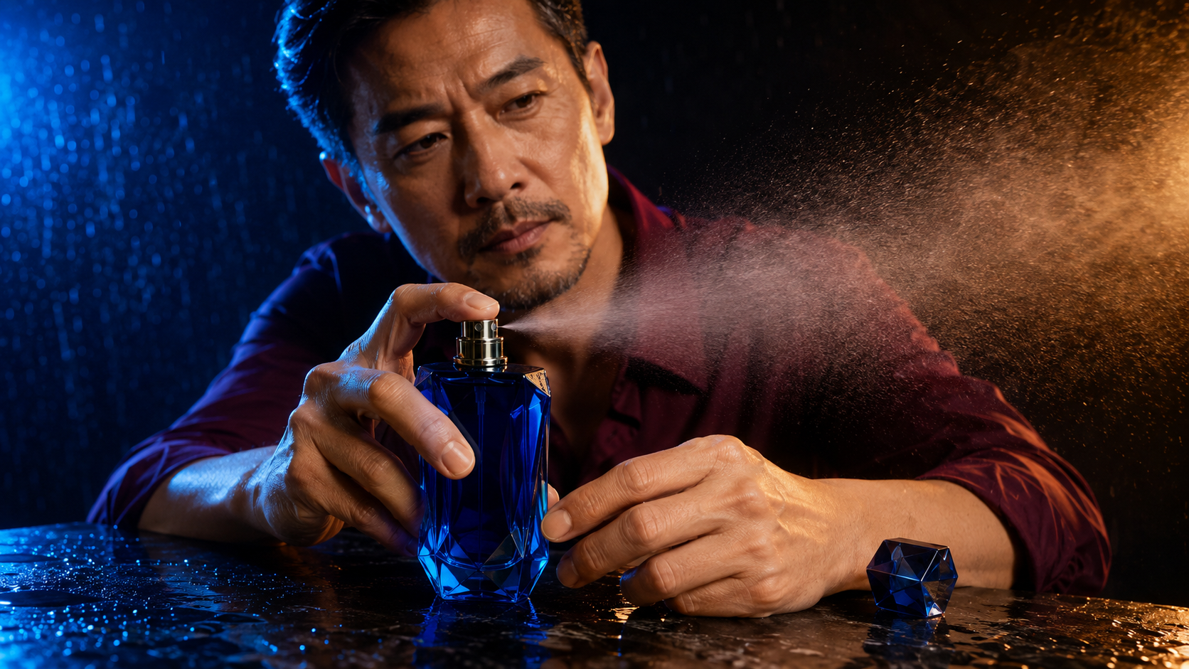 A perfumer pressing the atomizer of a cobalt glass fragrance bottle, created as a high-impact product and hand-contact consistency test