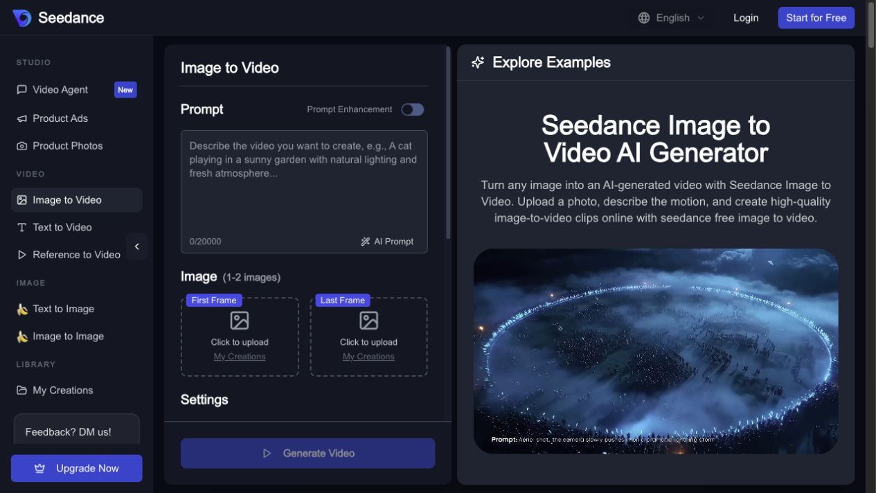 Seedance Image-to-Video-Generator mit Prompt, Start- und Endbild, Modelleinstellungen und Ausgabebeispiel