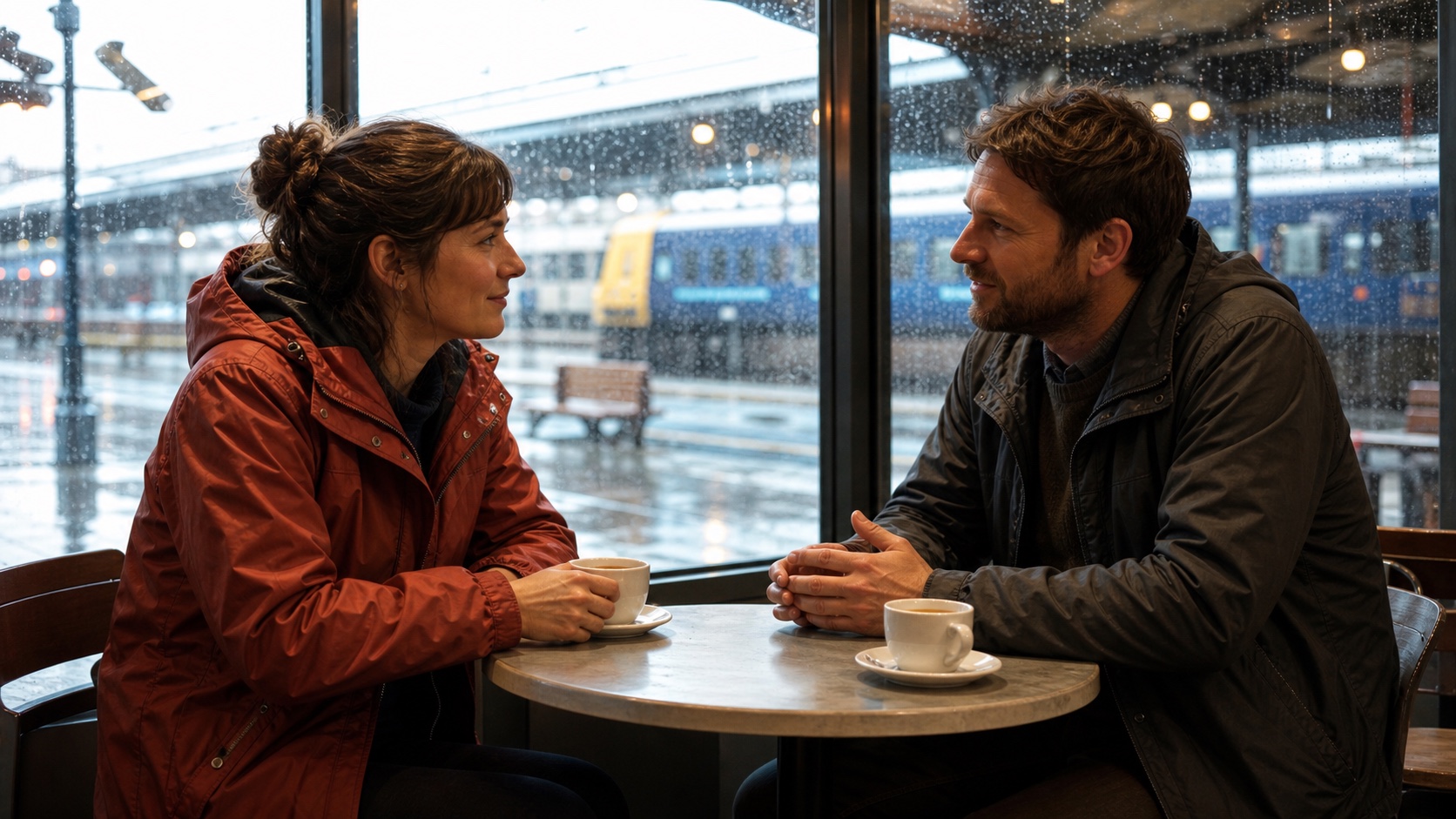 雨が降る外の景色を背景に、明るい鉄道カフェで自然な会話を交わす大人 2 名