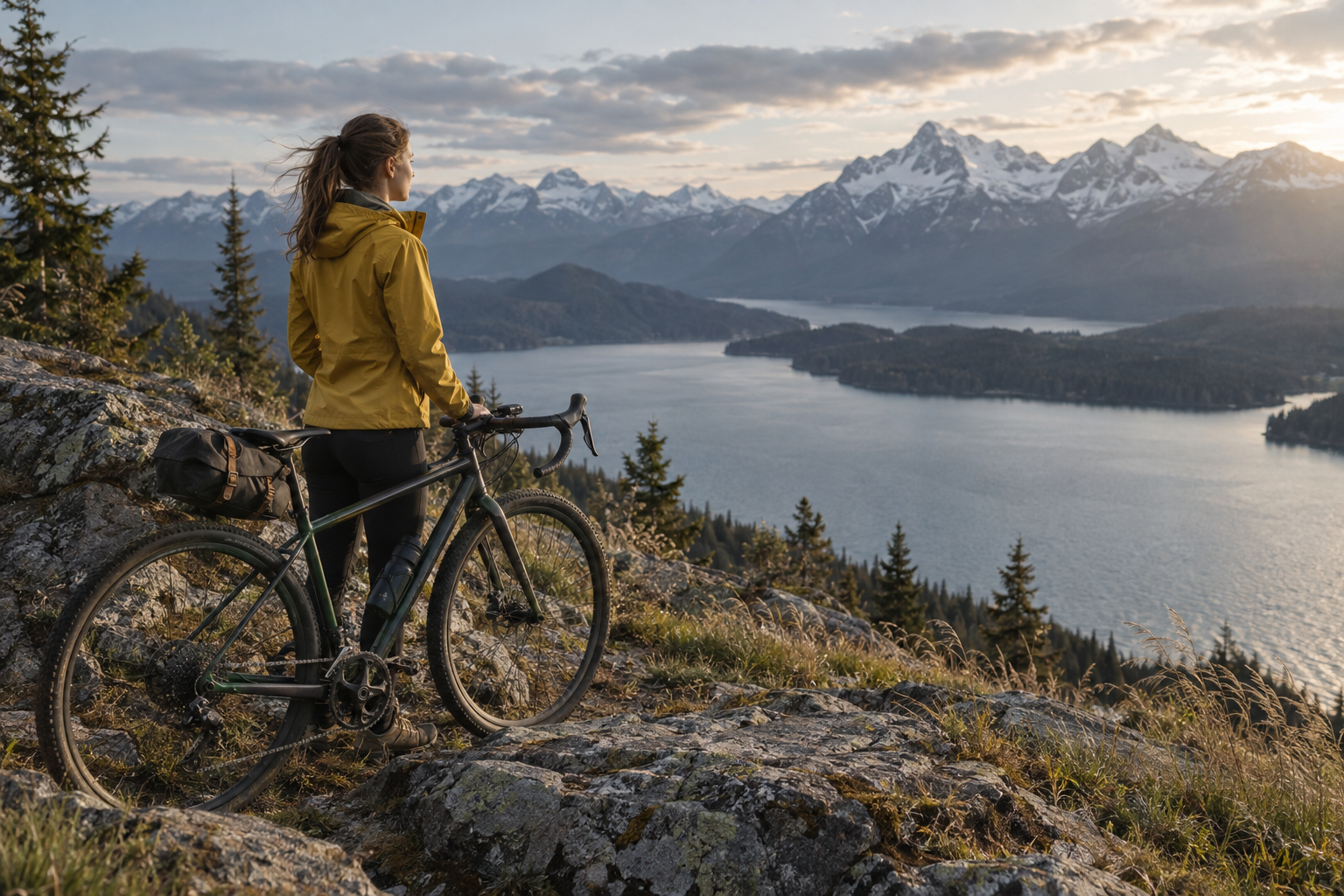 Radfahrer und Fahrrad haben eine klare, ruhige Endhaltung eingenommen