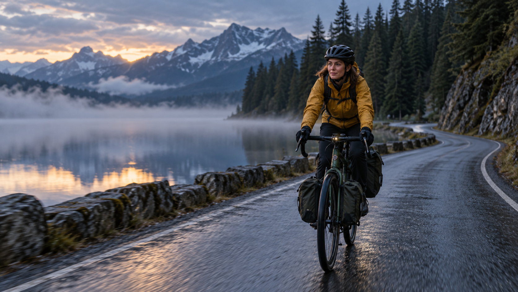 Radfahrerin beginnt eine kontinuierliche Fahrt neben einem alpinen See