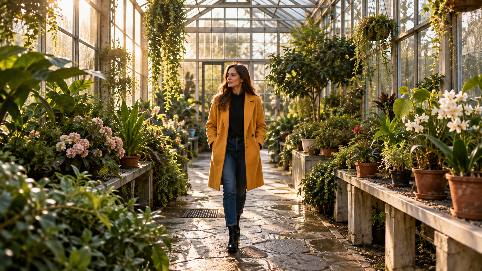 A greenhouse traveler centered in a landscape source frame with plants and glass structure on both sides