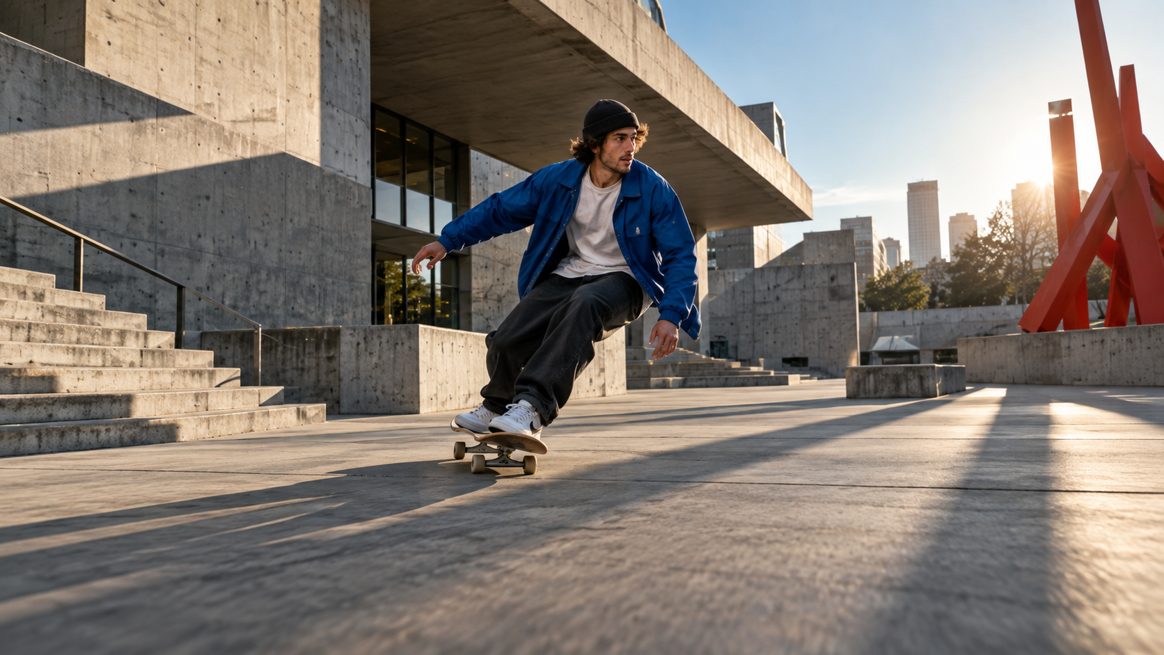 A skateboarder centered inside a wide brutalist plaza, leaving useful environmental space on both sides