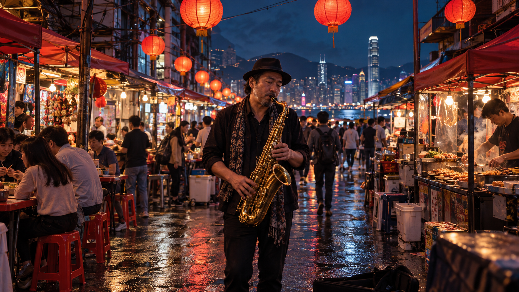 A night-market saxophonist surrounded by detailed stalls, lanterns, cables, and crowd movement near the frame edges