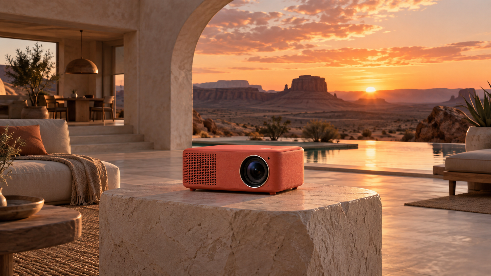 A coral projector in a wide desert-home setting with stable product geometry and surrounding architecture