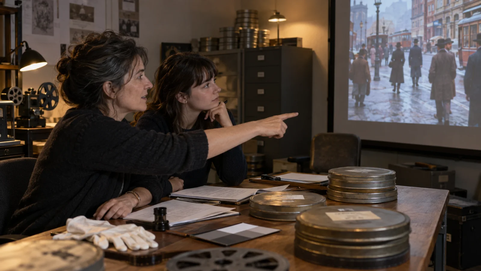 Zwei Archivare begutachten eine kolorierte Straßenansicht mit Filmdosen und neutralen Referenzmaterialien