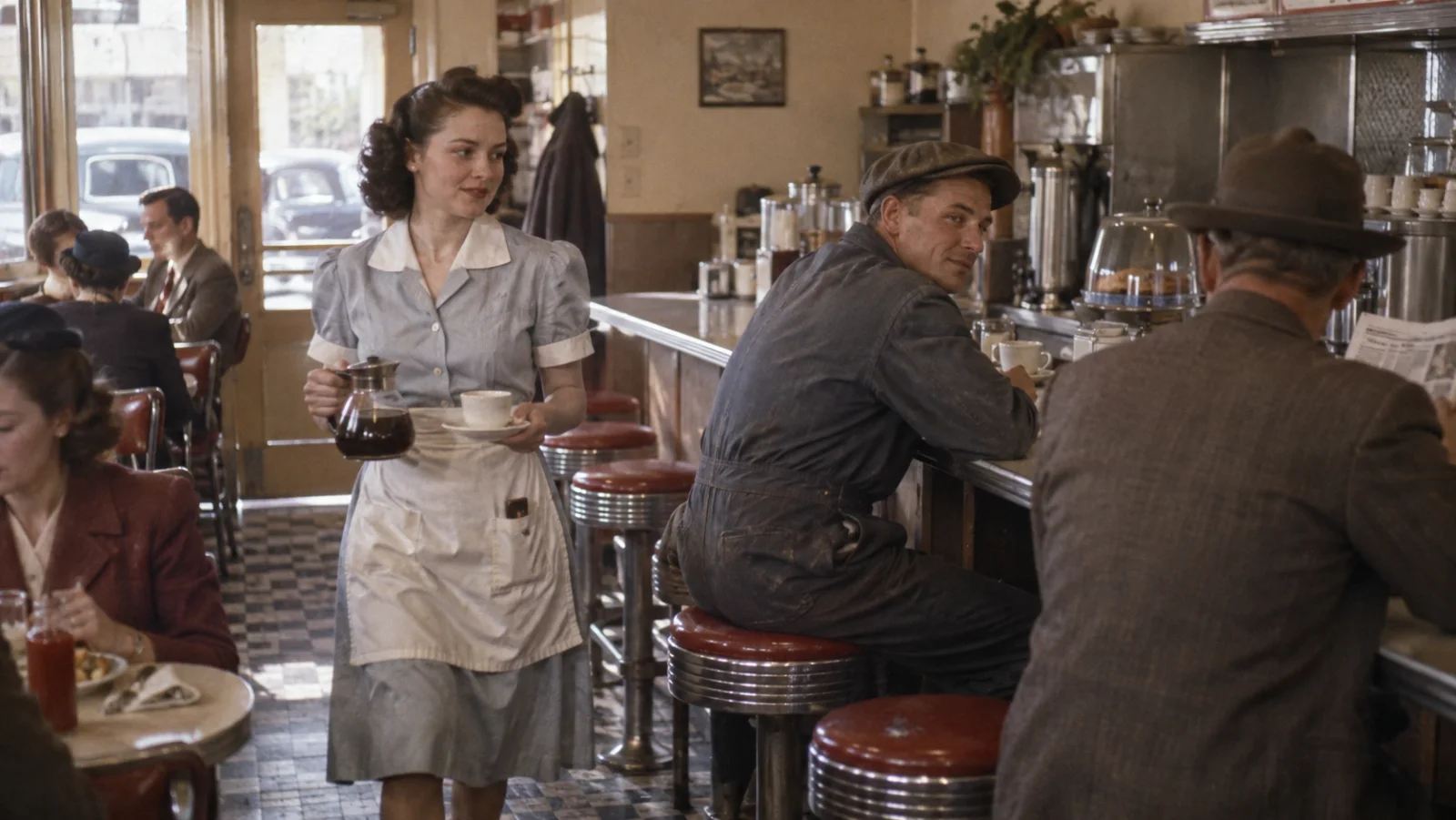 1940年代のダイナーのシーン（控えめな赤い upholstery と自然な肌の色調）
