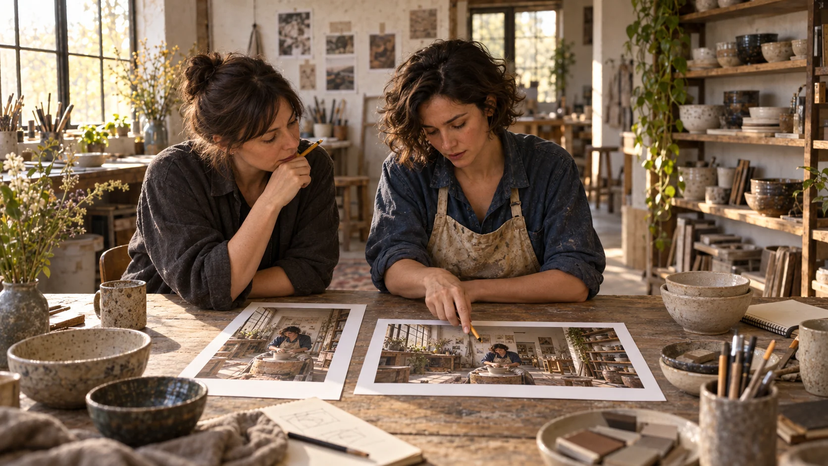 Un productor y artista ceramista revisando un par terminado en formato vertical y panorámico en un estudio tranquilo, con referencias impresas realistas y color natural