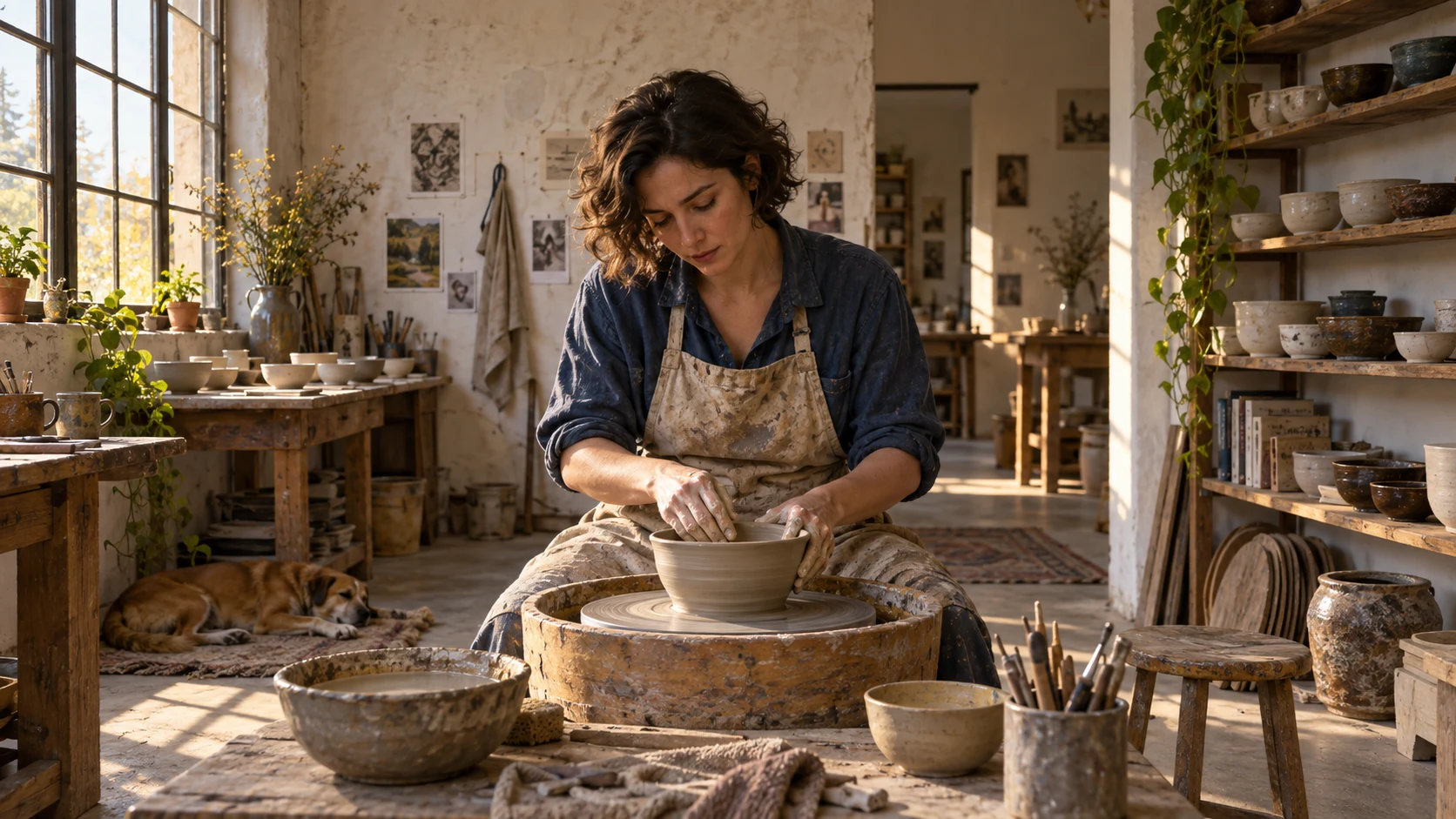 Un encuadre cinematográfico amplio de una artista ceramista trabajando, con un contexto de estudio creíble que se extiende alrededor de la acción central