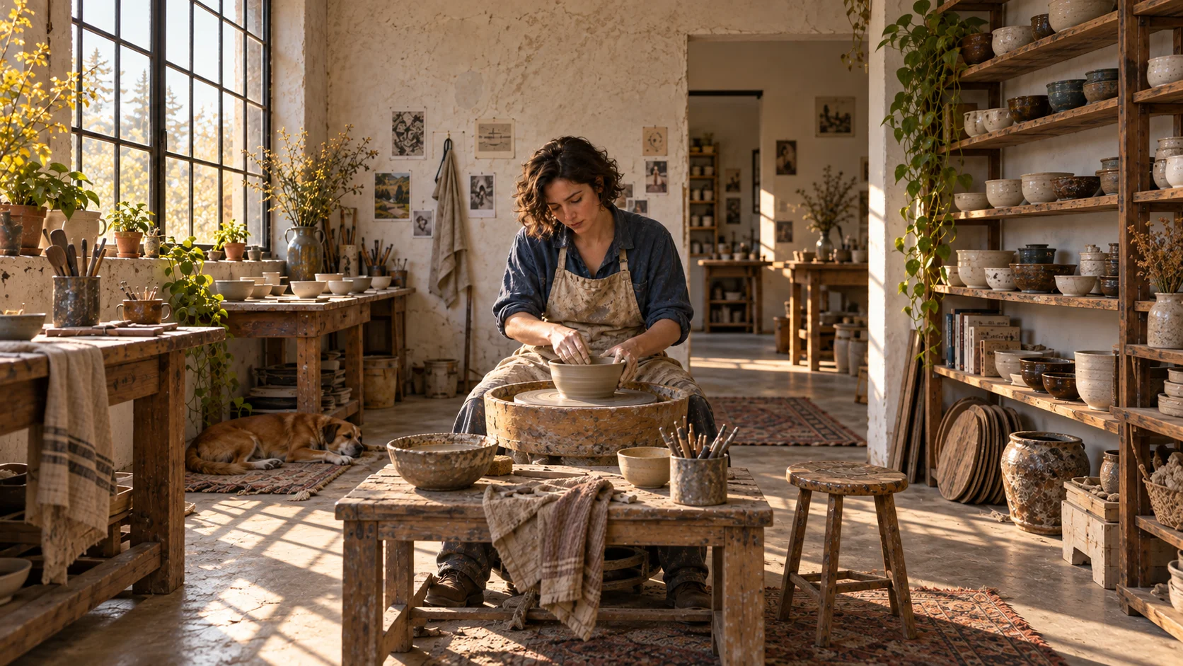 Una continuación natural en formato panorámico del taller de cerámica, con la acción central original y estanterías plausibles añadidas a ambos lados