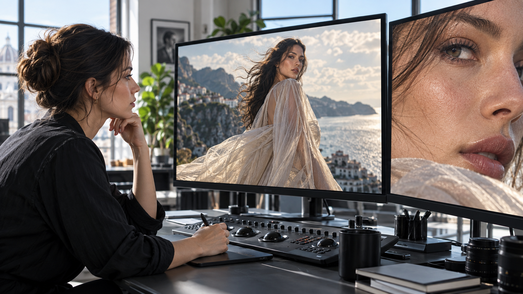 Una colorista revisa un fotograma cinematográfico y el detalle facial ampliado en un estudio de postproducción luminoso