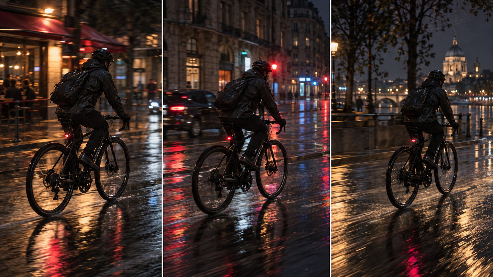Un ciclista nocturno mantiene coherencia en fotogramas consecutivos de calle mojada, con desenfoque de movimiento natural y reflejos