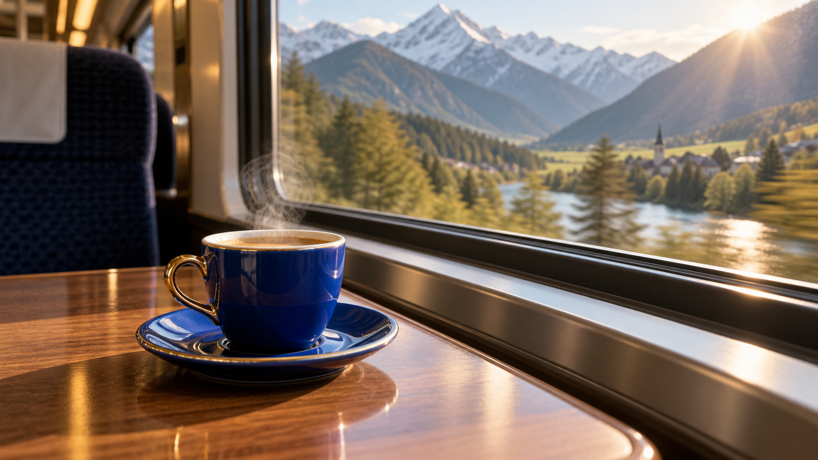 Finished product edit with a cobalt cup preserved inside a moving mountain-train scene