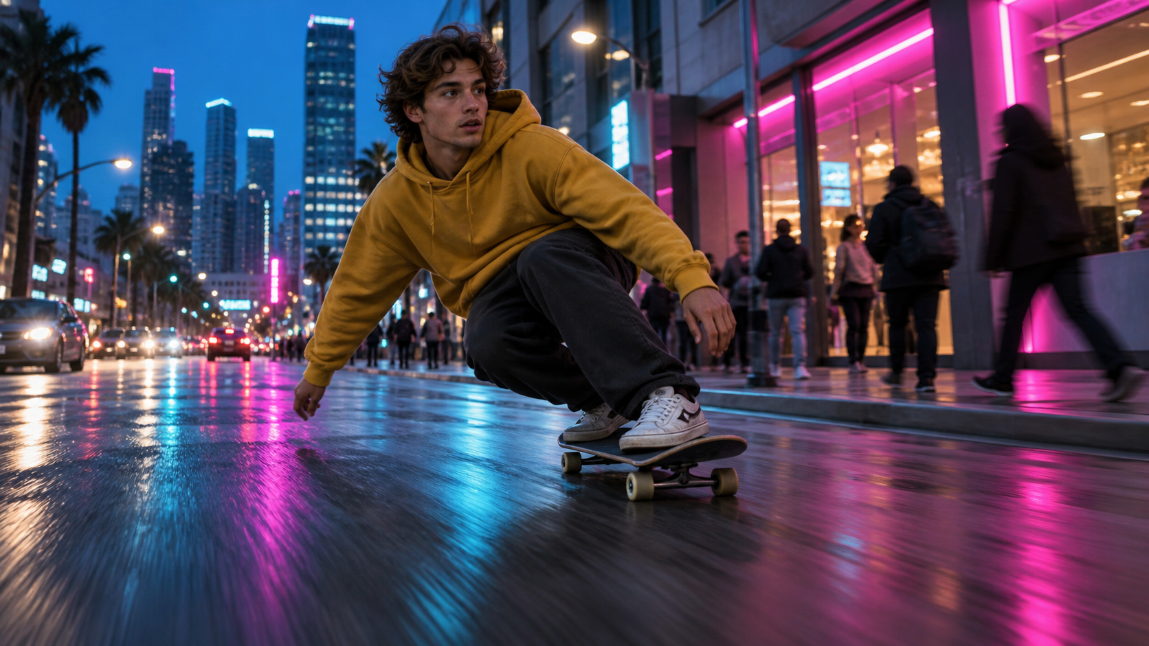 Finished neon skateboard scene with a stable rider and controlled tracking-camera direction