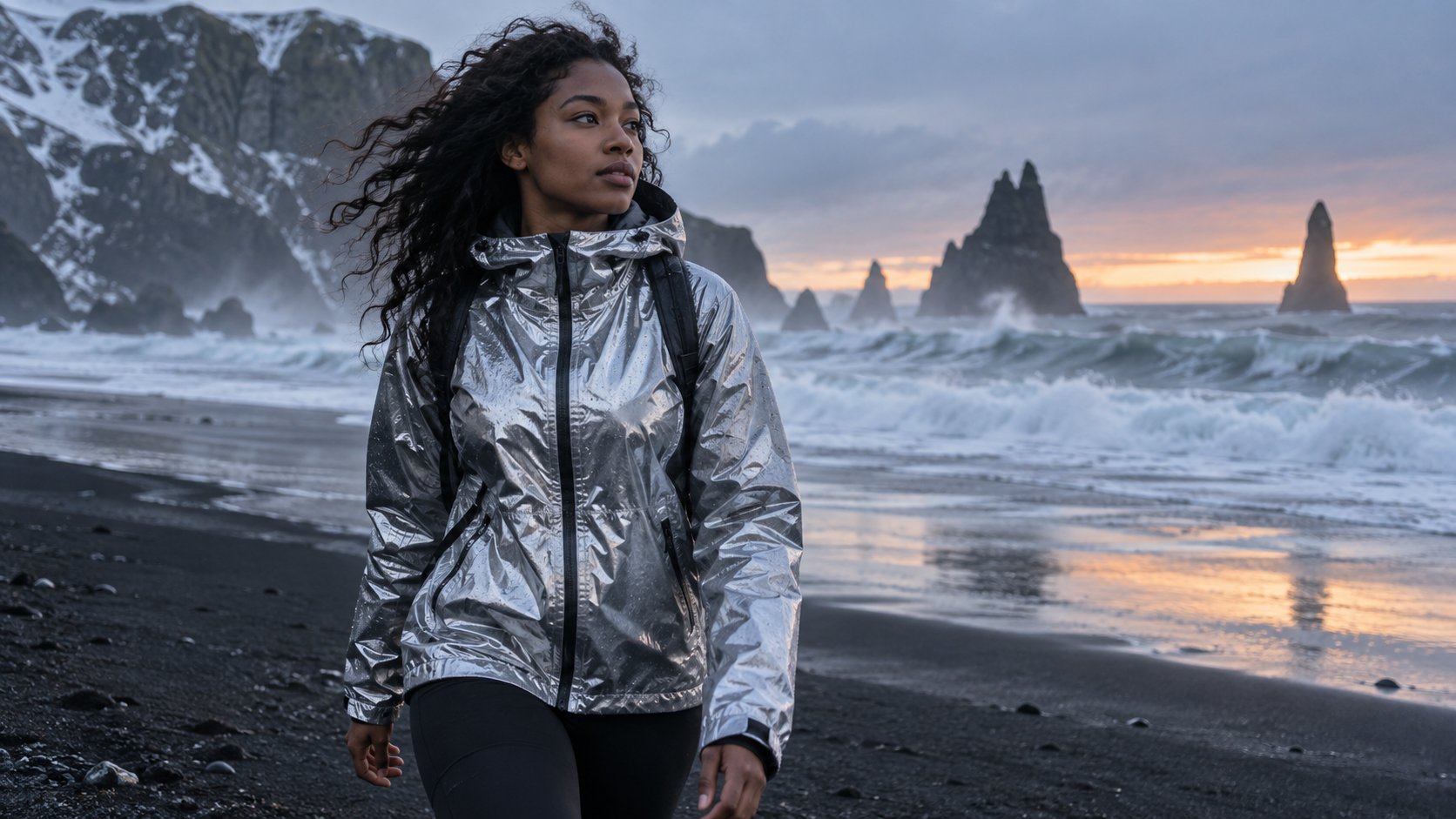 Finished wardrobe-and-location transformation with a consistent subject on a black-sand beach