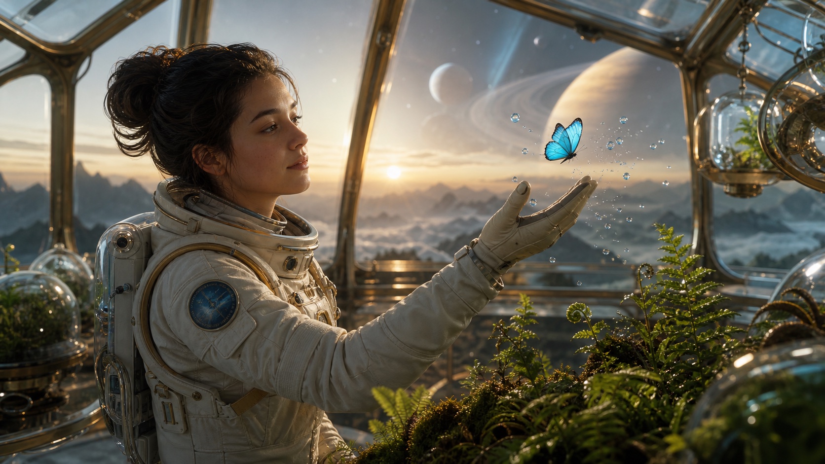 An astronaut botanist releasing a blue butterfly inside an orbital greenhouse