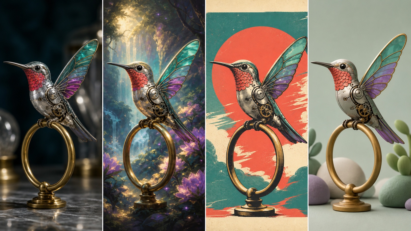 The same clockwork hummingbird rendered in four controlled visual styles