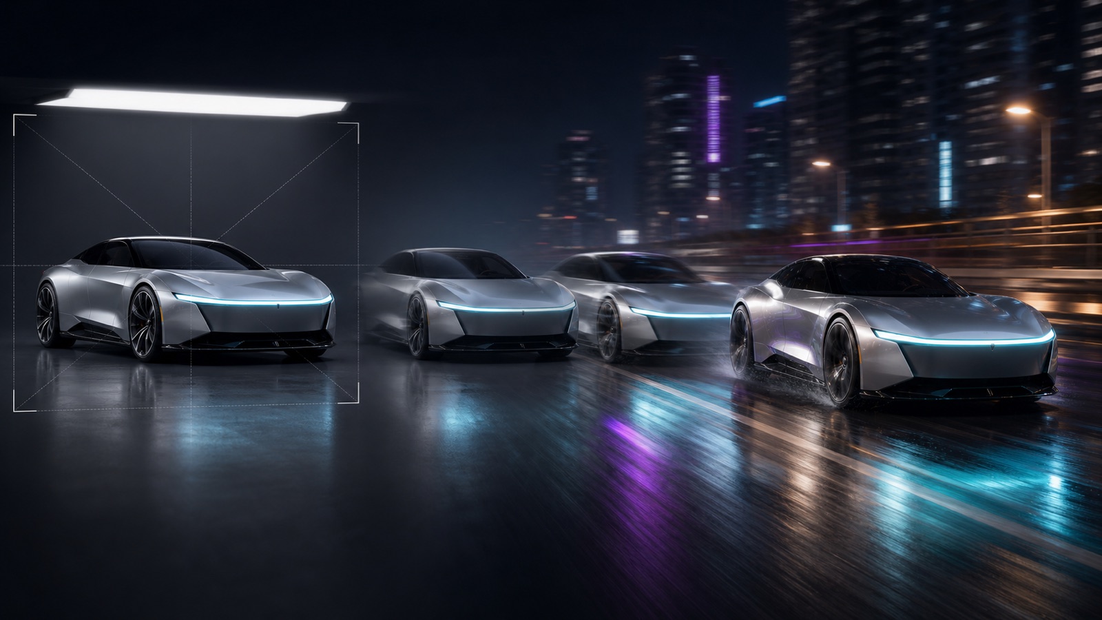 A silver concept car moving from a controlled studio keyframe into a cinematic night-driving sequence