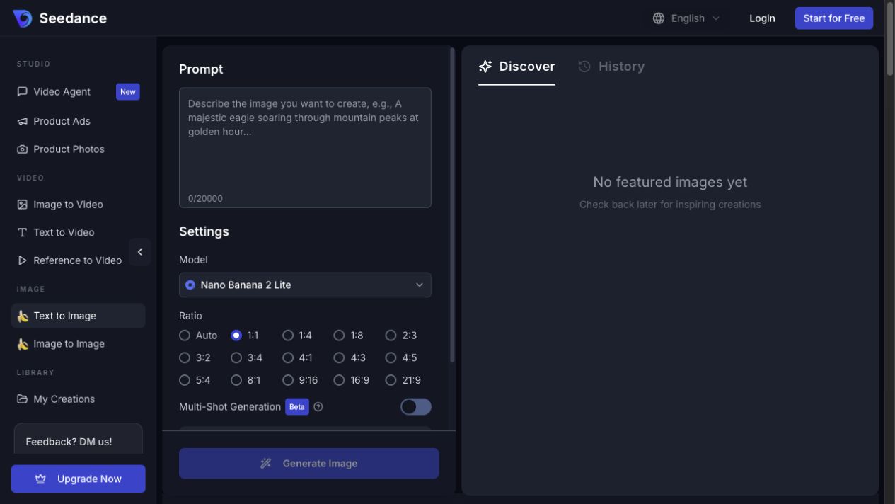 Seedance text-to-image generator showing prompt, model, and aspect-ratio controls