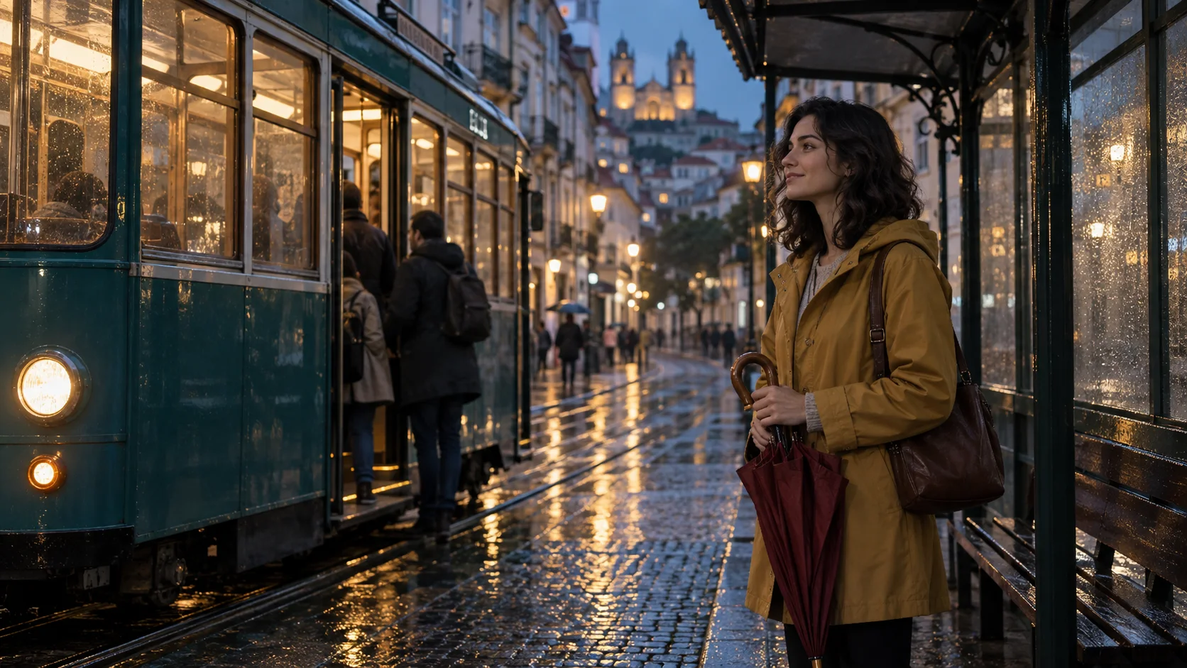 Le même personnage arrive à l’arrêt du tramway et referme calmement son ombrelle, dans une composition finale apaisée.
