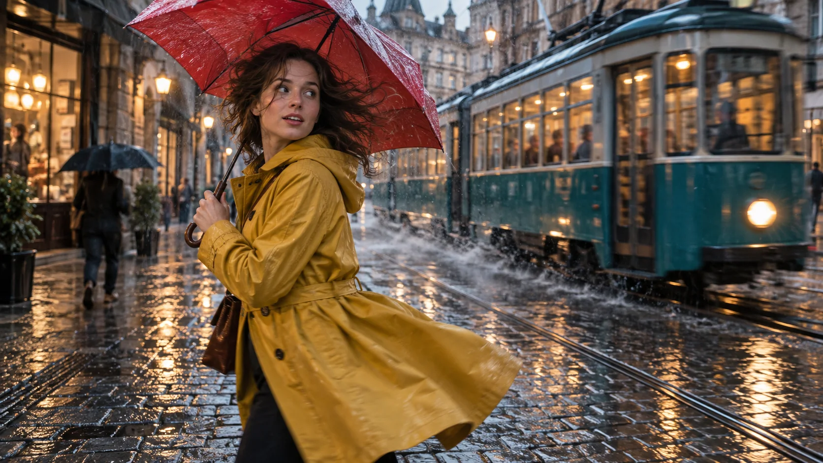 La femme se tourne tandis que le tramway passe, illustrant l’ampleur accrue du mouvement et le risque plus élevé de rupture de continuité dans un test à fort mouvement.